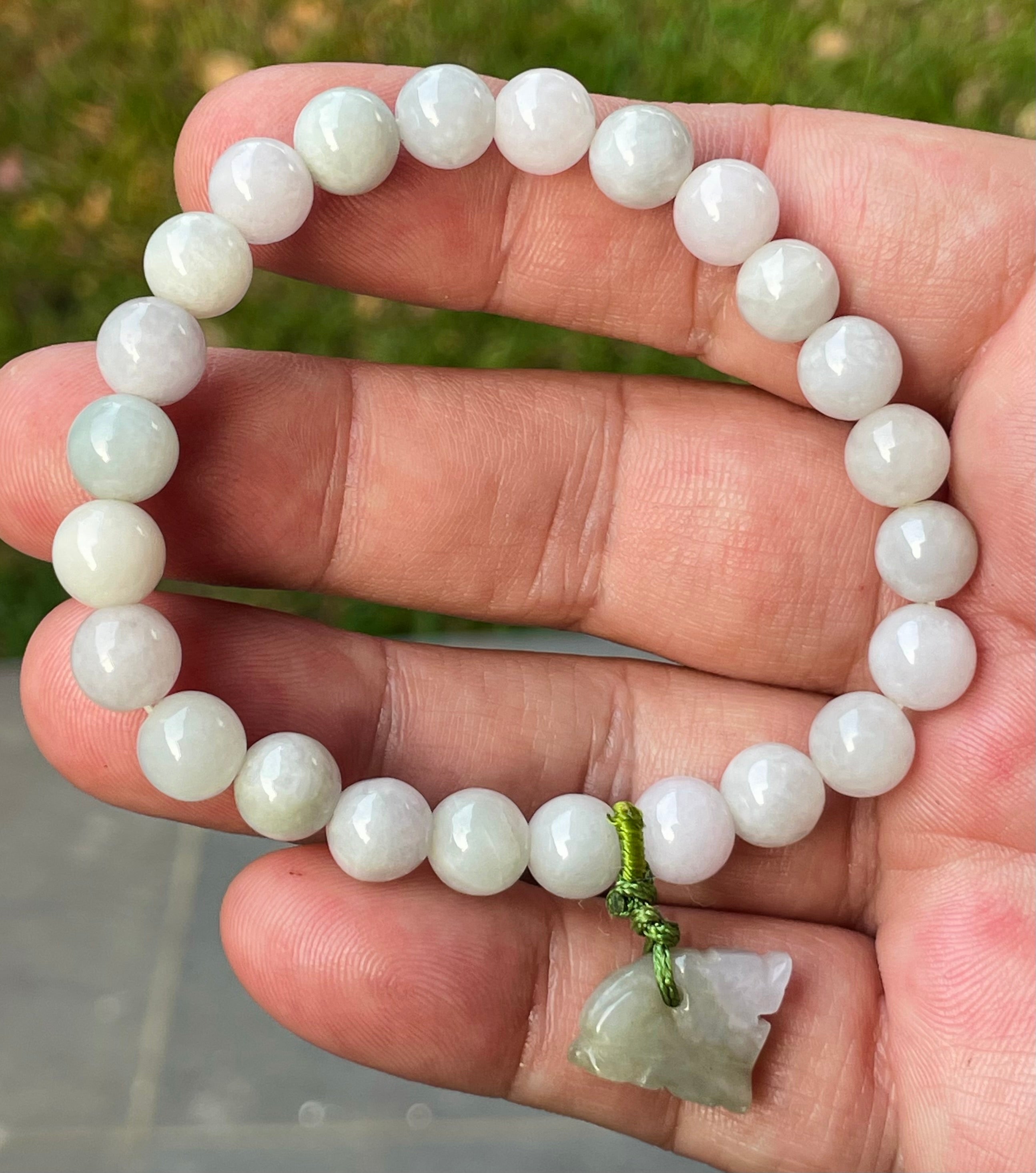 Natural Grade A Burmese Jadeite Jade Beaded Bracelet – Icy Milky White, Apple Green Hues – Hand-Carved Tiger  Pendant – 8mm – JBB184