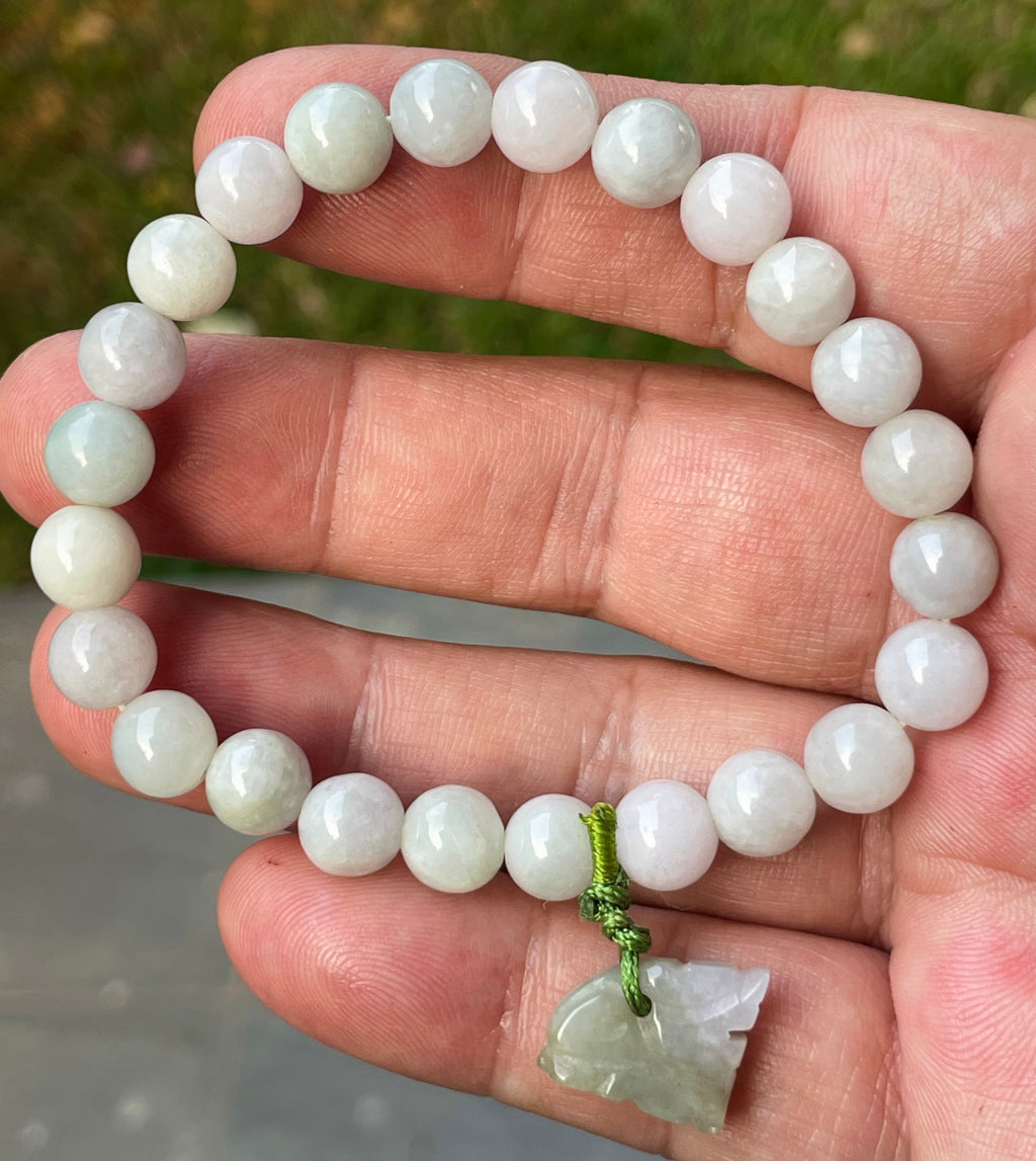 Natural Grade A Burmese Jadeite Jade Beaded Bracelet – Icy Milky White, Apple Green Hues – Hand-Carved Tiger  Pendant – 8mm – JBB184