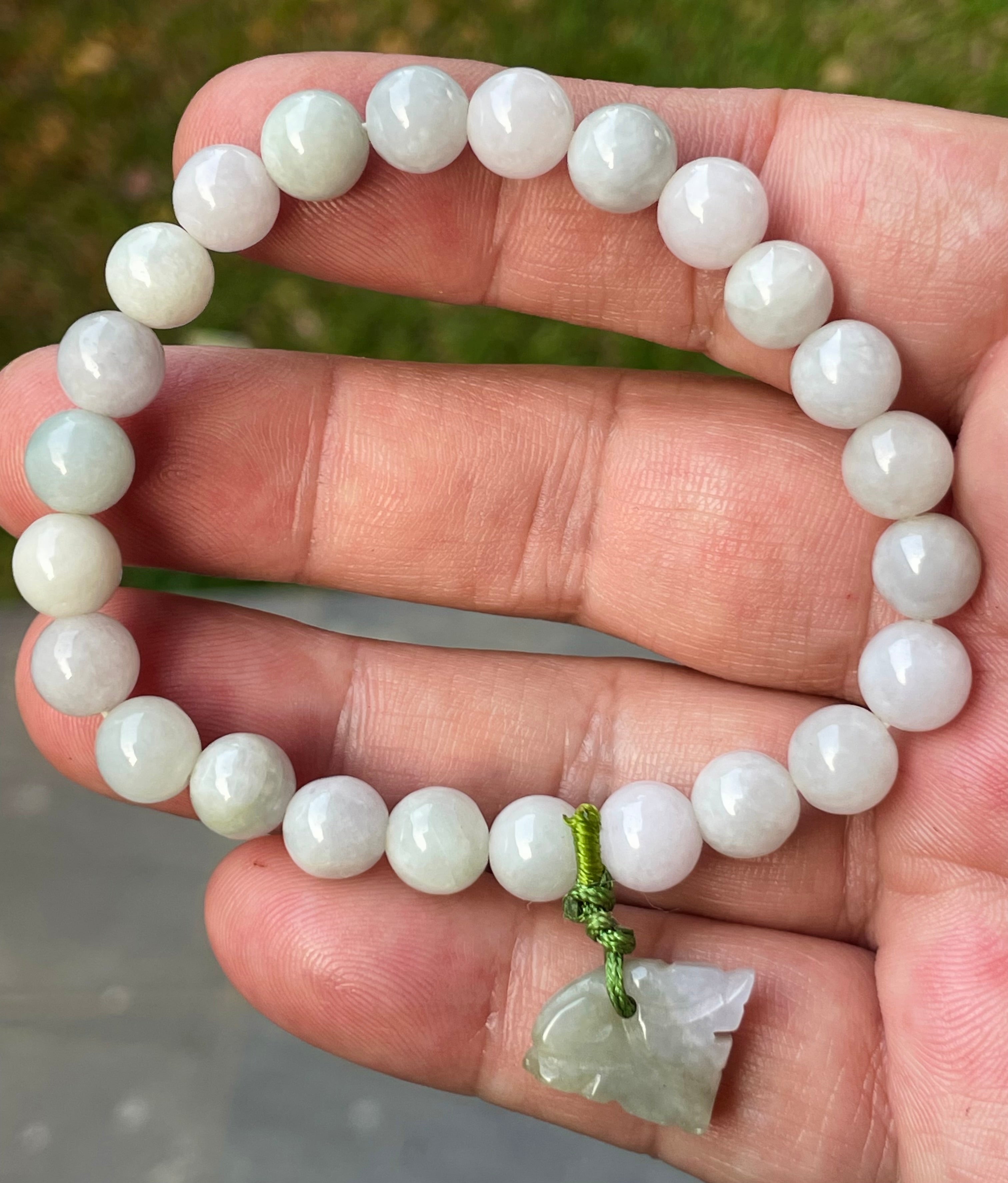 Natural Grade A Burmese Jadeite Jade Beaded Bracelet – Icy Milky White, Apple Green Hues – Hand-Carved Tiger  Pendant – 8mm – JBB184