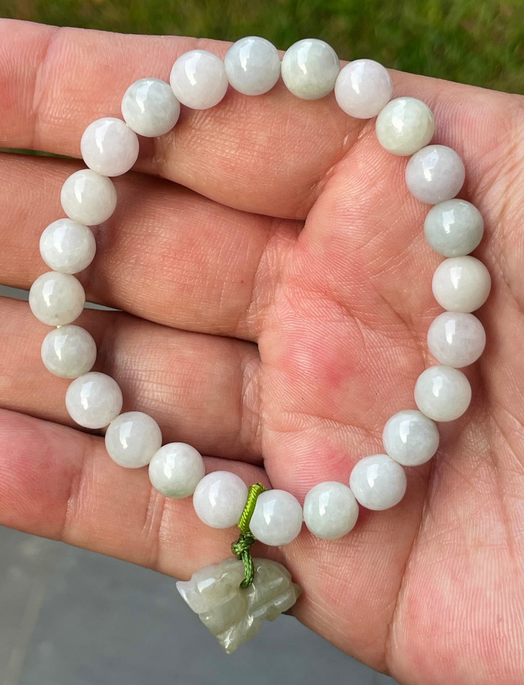 Natural Grade A Burmese Jadeite Jade Beaded Bracelet – Icy Milky White, Apple Green Hues – Hand-Carved Tiger  Pendant – 8mm – JBB184