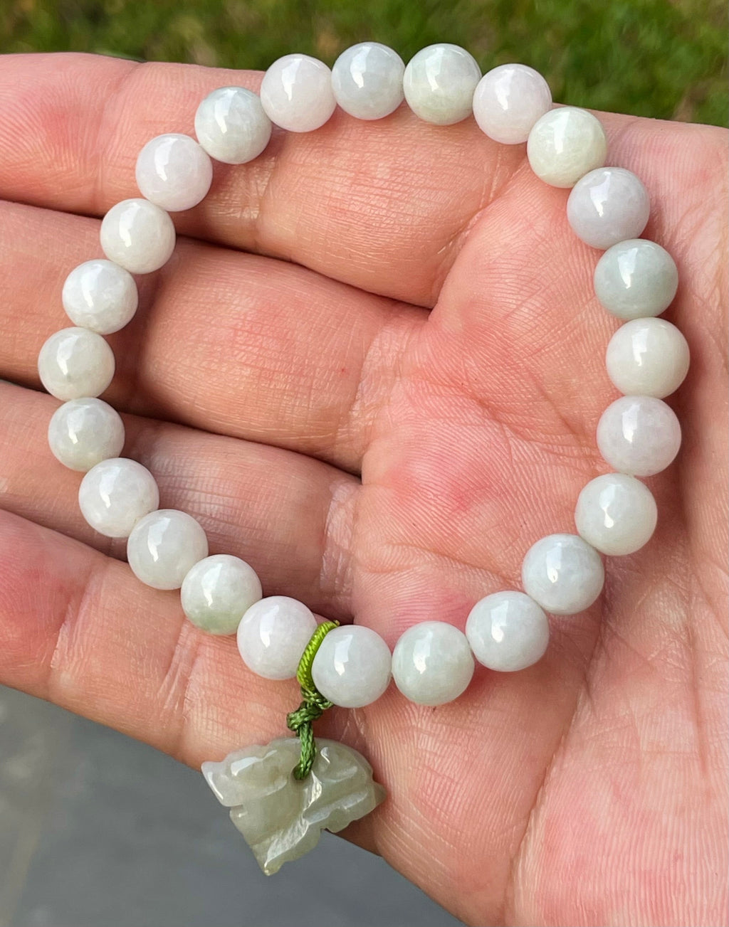 Natural Grade A Burmese Jadeite Jade Beaded Bracelet – Icy Milky White, Apple Green Hues – Hand-Carved Tiger  Pendant – 8mm – JBB184