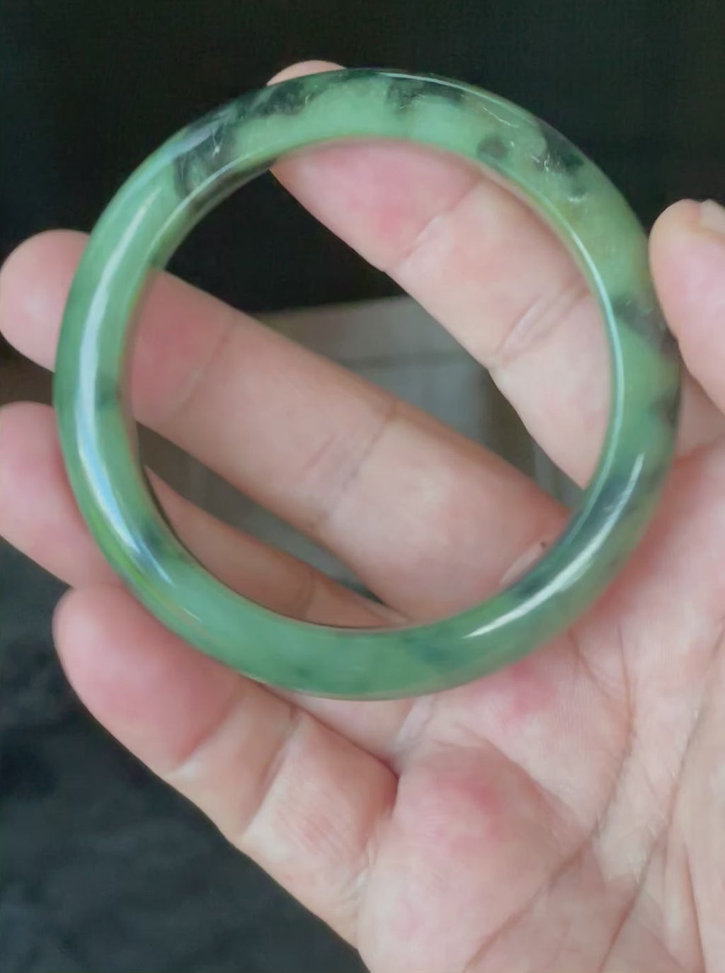 Natural Grade A Certified Burmese Jadeite Jade Bangle – Icy Apple Green with Black Floral Design & Natural Off-White Specks – 58mm – JB905
