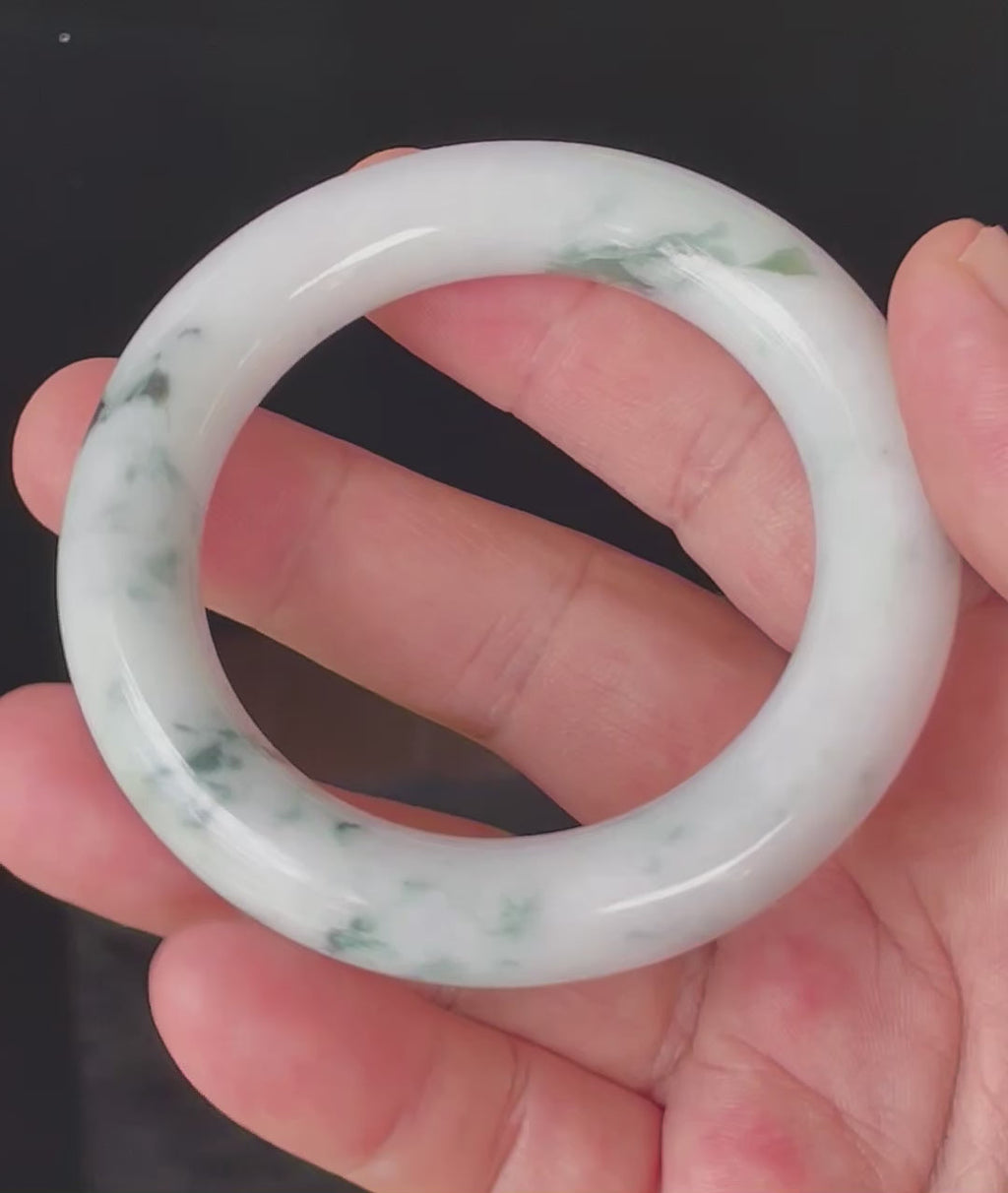Natural Grade A Certified Burmese Jadeite Jade Bangle – Icy Milky White with Imperial Green – Princess Cut – 52.6mm – JB878